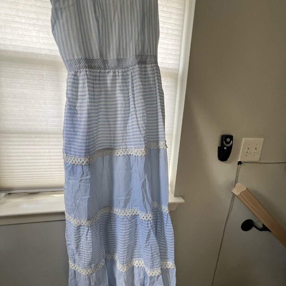 Petal and Pup- Blue and White Striped Maxi Dress